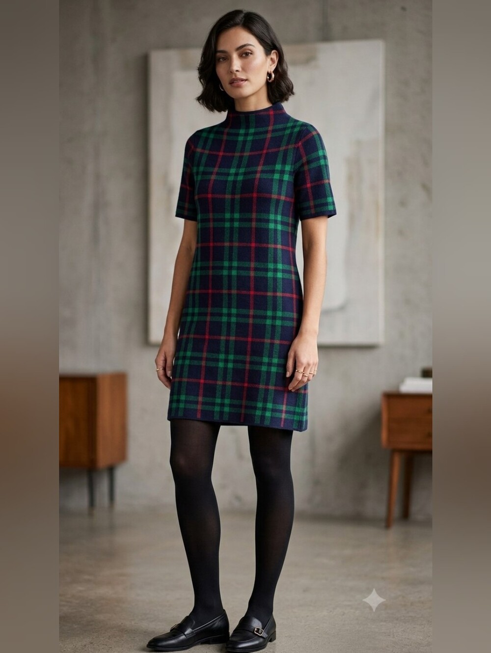 Tahari Plaid Short Sleeve Mini Dress Size L Rayon